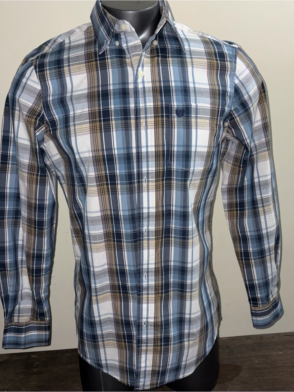 Chaps men’s stretch easy button down plaid shirt blue beige white size small